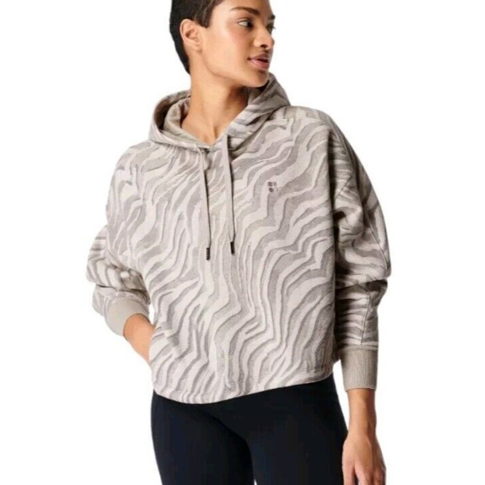 Sweaty Betty Women's Gray Boxy Pullover Zebra Print Essentials Hoodie Size S